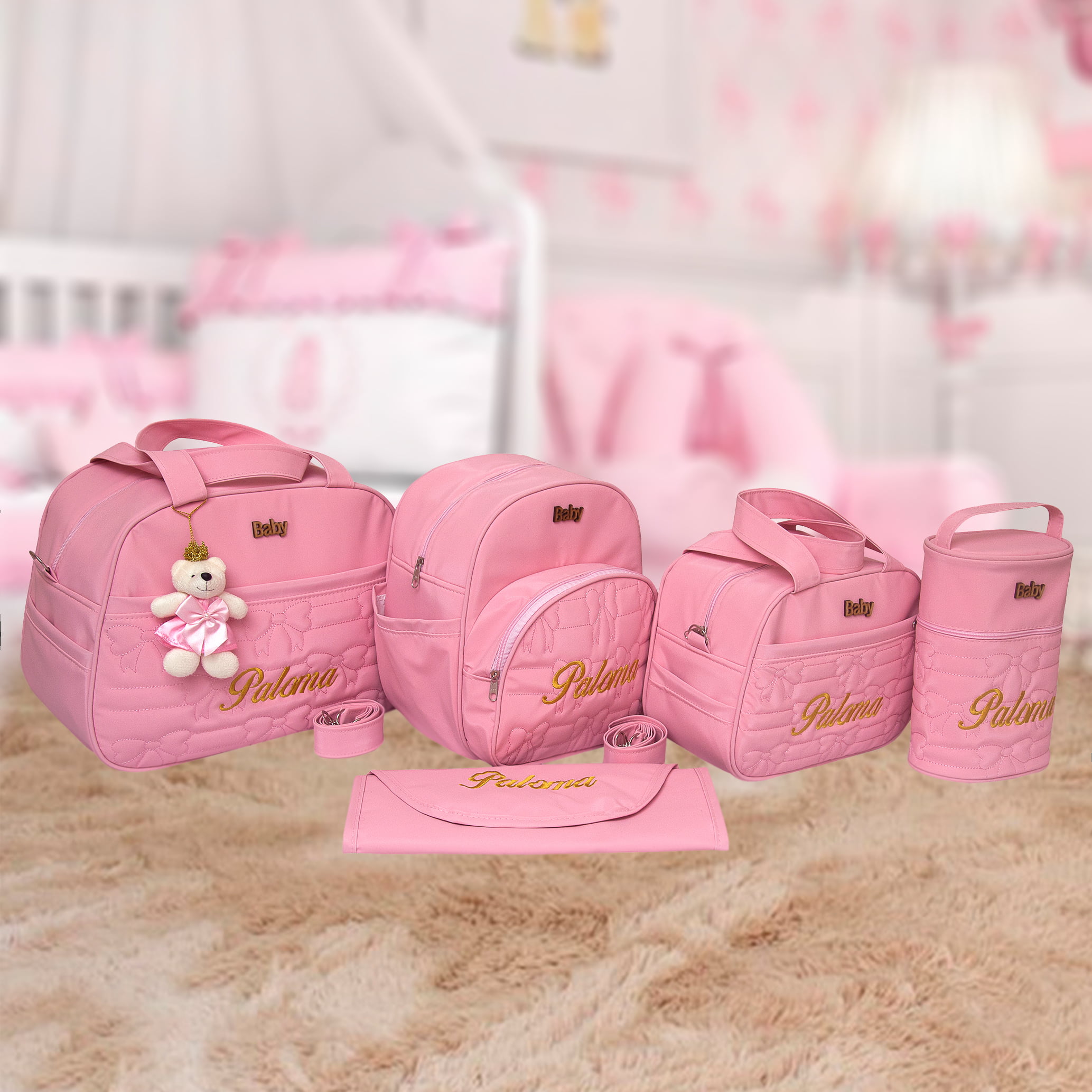 kit 4 peças bolsa bebê saída maternidade com porta mamadeira e trocador menina  cor rose